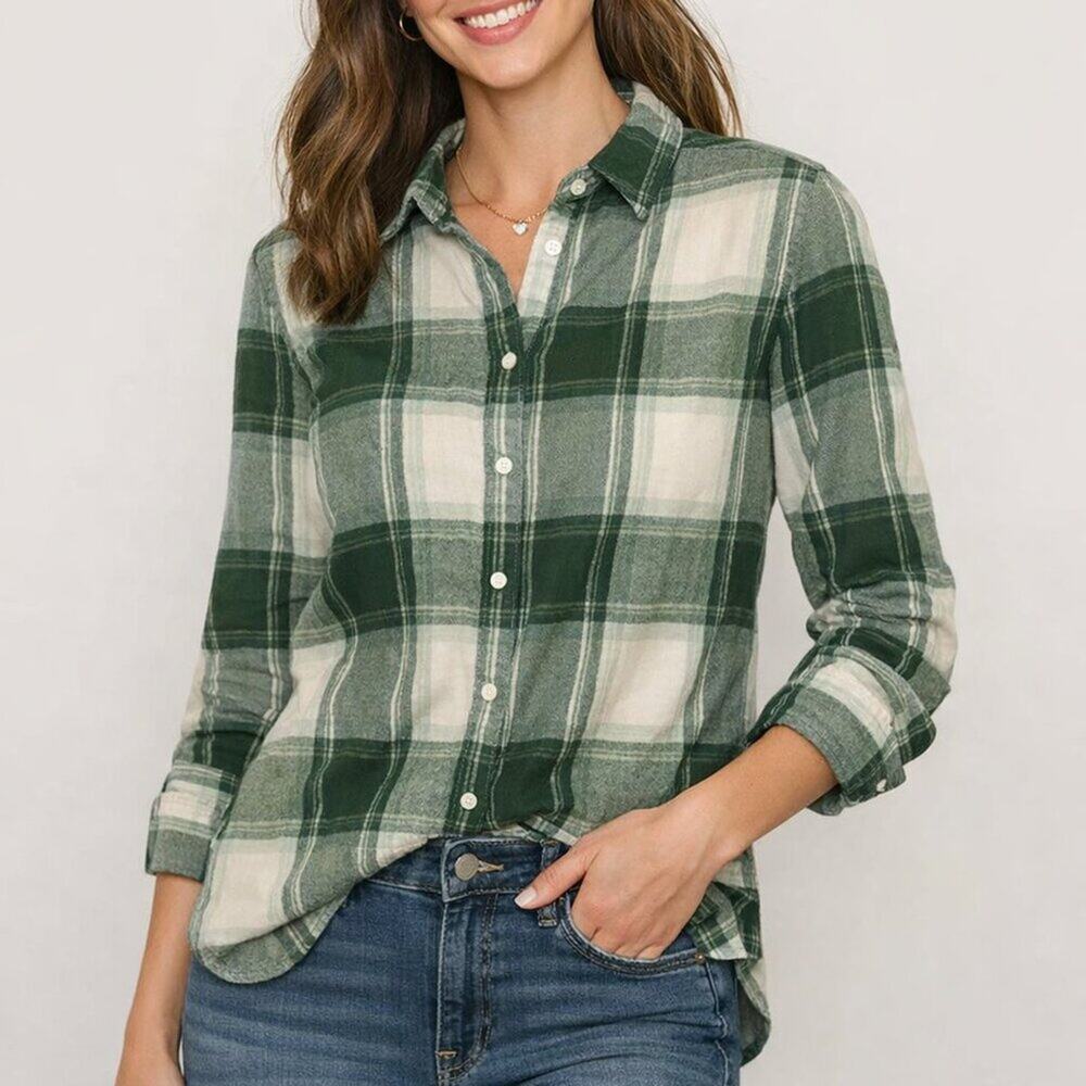 LOFT Petite Small Button‑Down Flannel Shirt – 100% Cotton